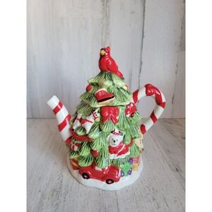 Pier 1 holiday tree teapot red cardinal unique Xmas home decor kitchen tea